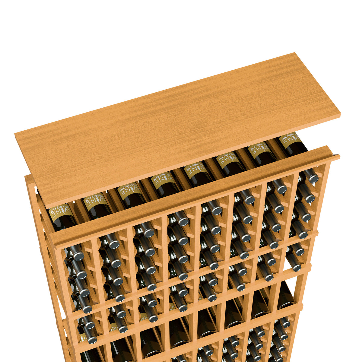 Golden wood top shelf for wine rack with multiple bottle rows