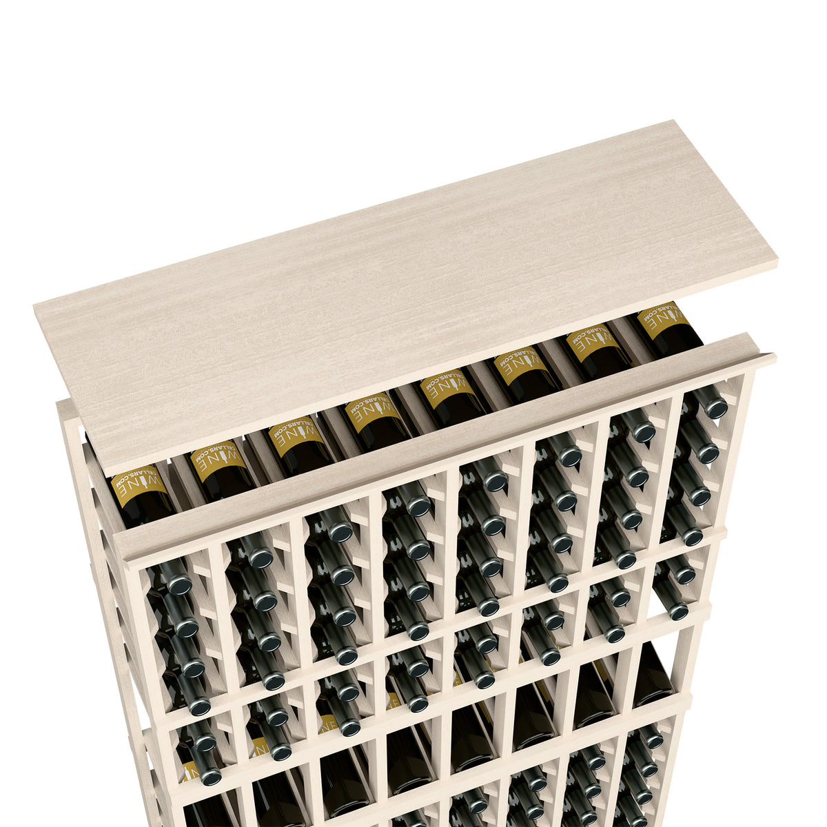 Whitewashed wood top shelf for wine rack with bottle storage