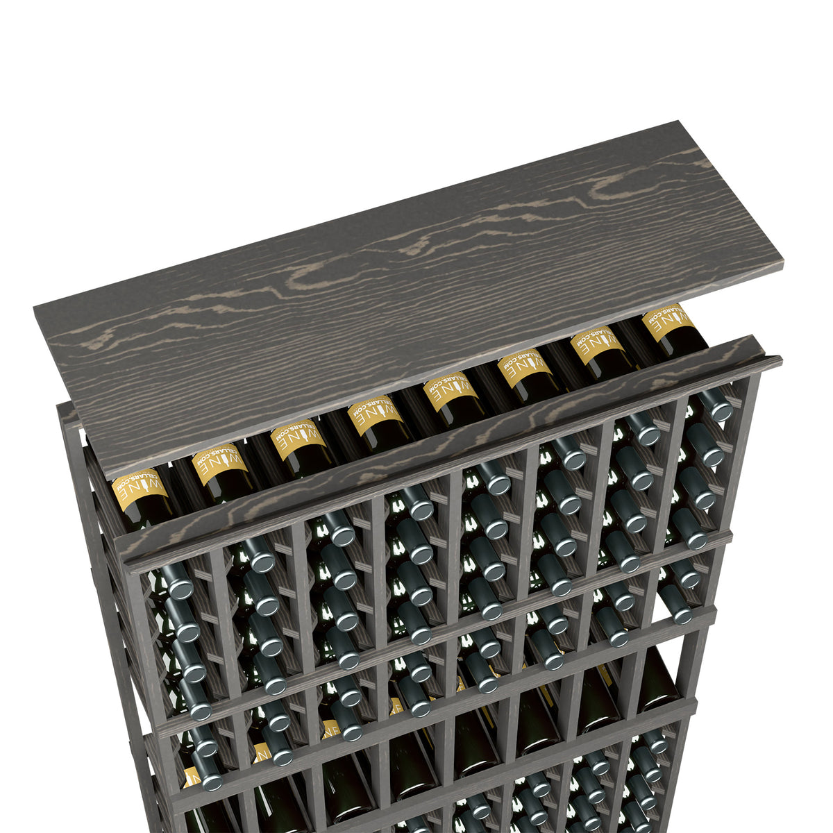 Dark grey top shelf wine rack with front rows of wine bottles in a grid