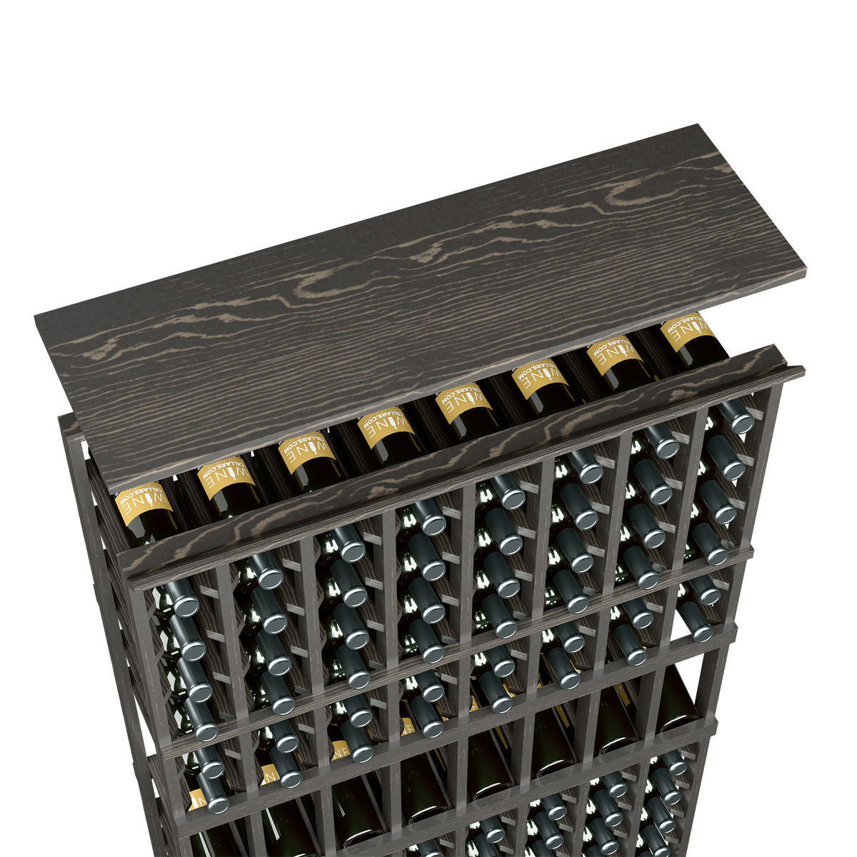 Dark grey top shelf wine rack with wine bottles neatly stored behind the shelf