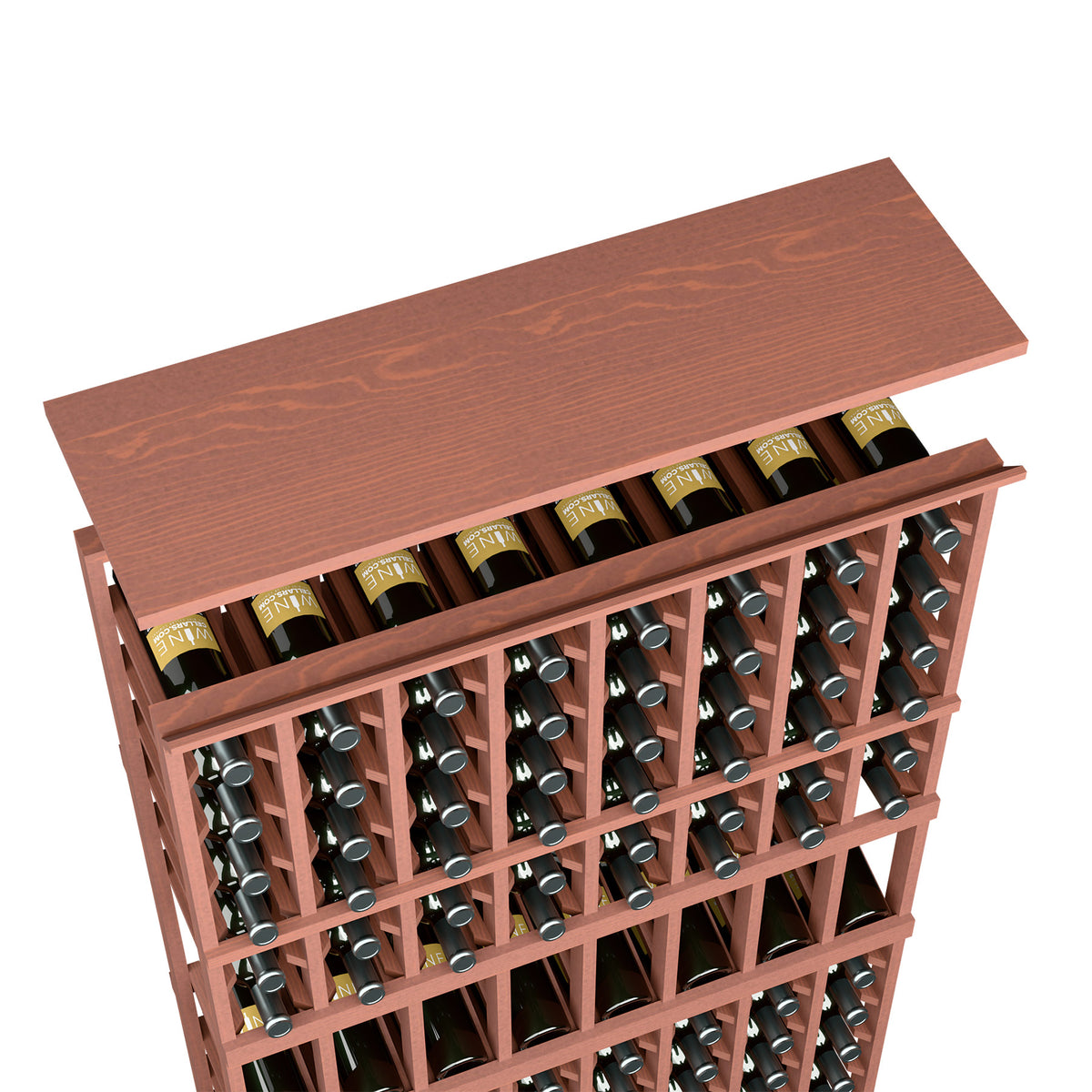 Reddish wood top shelf wine rack with front grid holding wine bottles