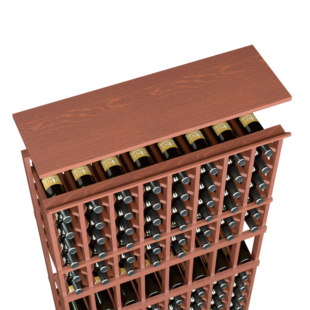 Reddish wood top shelf wine rack with front grid and wine bottles displayed