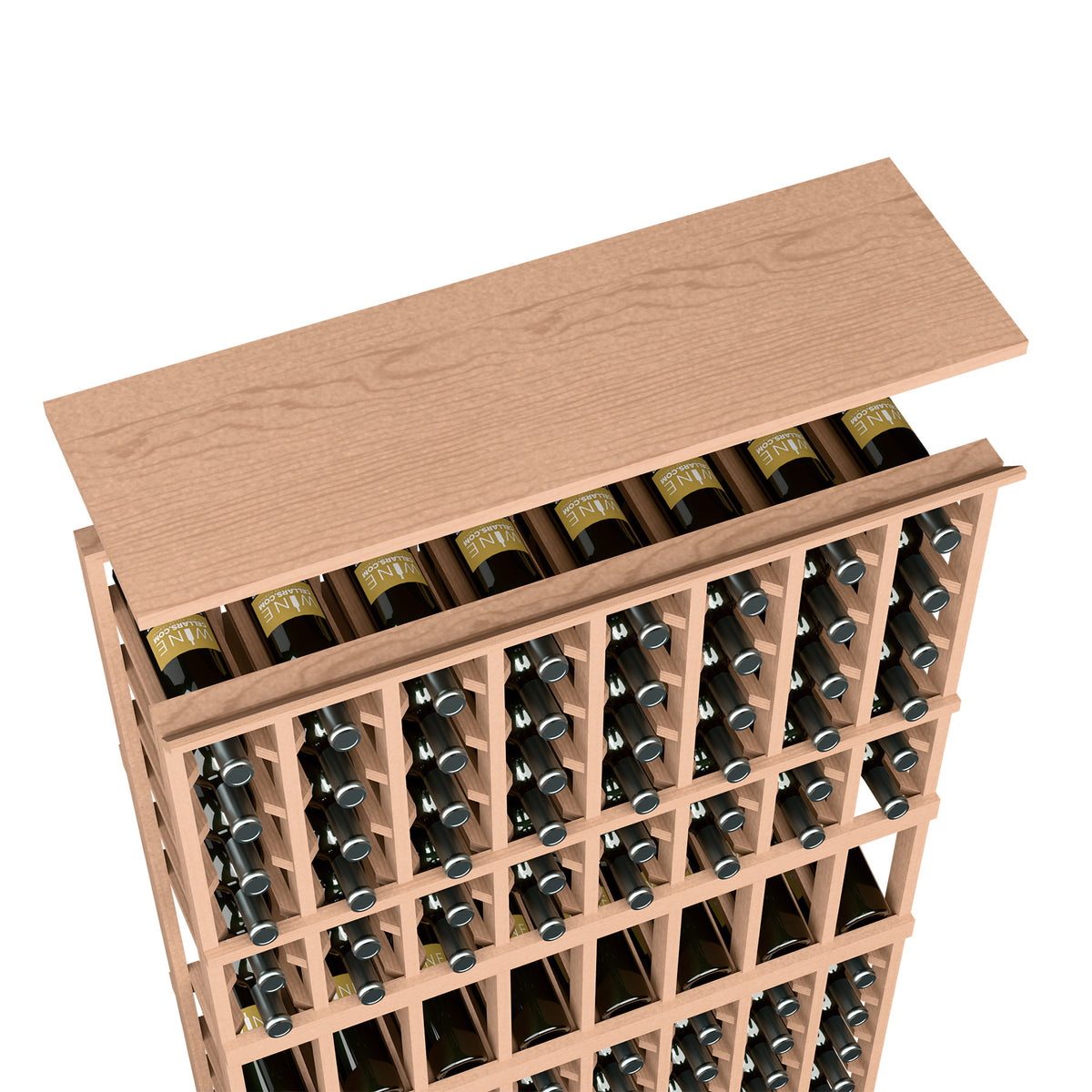 Light tan top shelf wine rack with front grid holding wine bottles