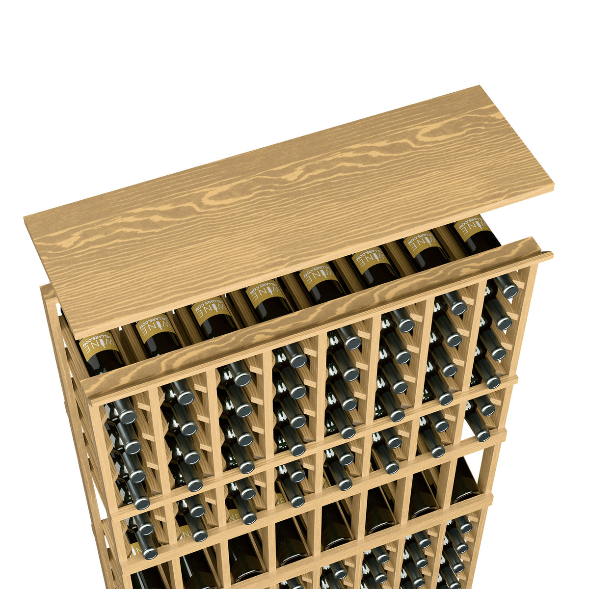 Pale wood top shelf wine rack with wine bottles in a front row grid