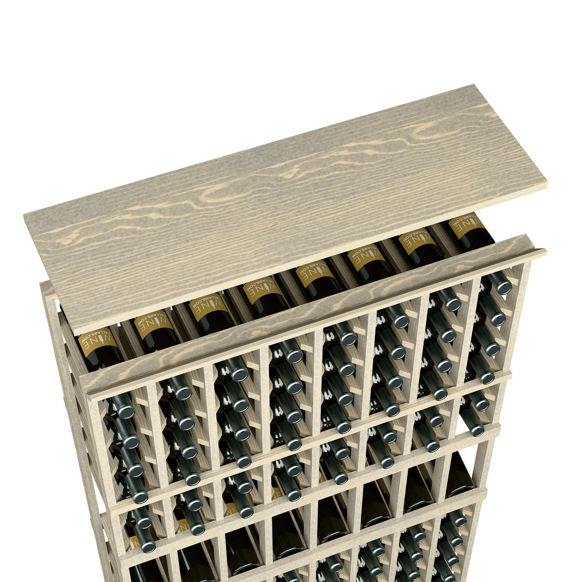 Wine rack top shelf in light gray wood with bottles in an 8-column grid