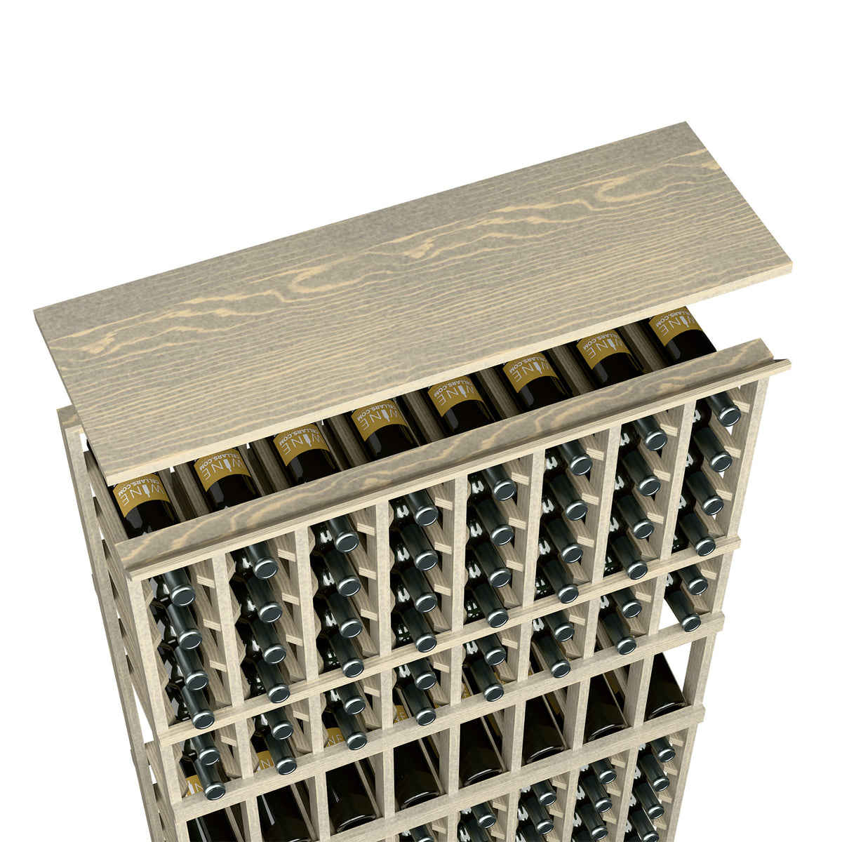 Wine rack top shelf in light gray wood showing bottles across the 8-column rack