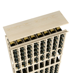 Wine rack top shelf in light natural wood with wine bottles in an 8-column grid