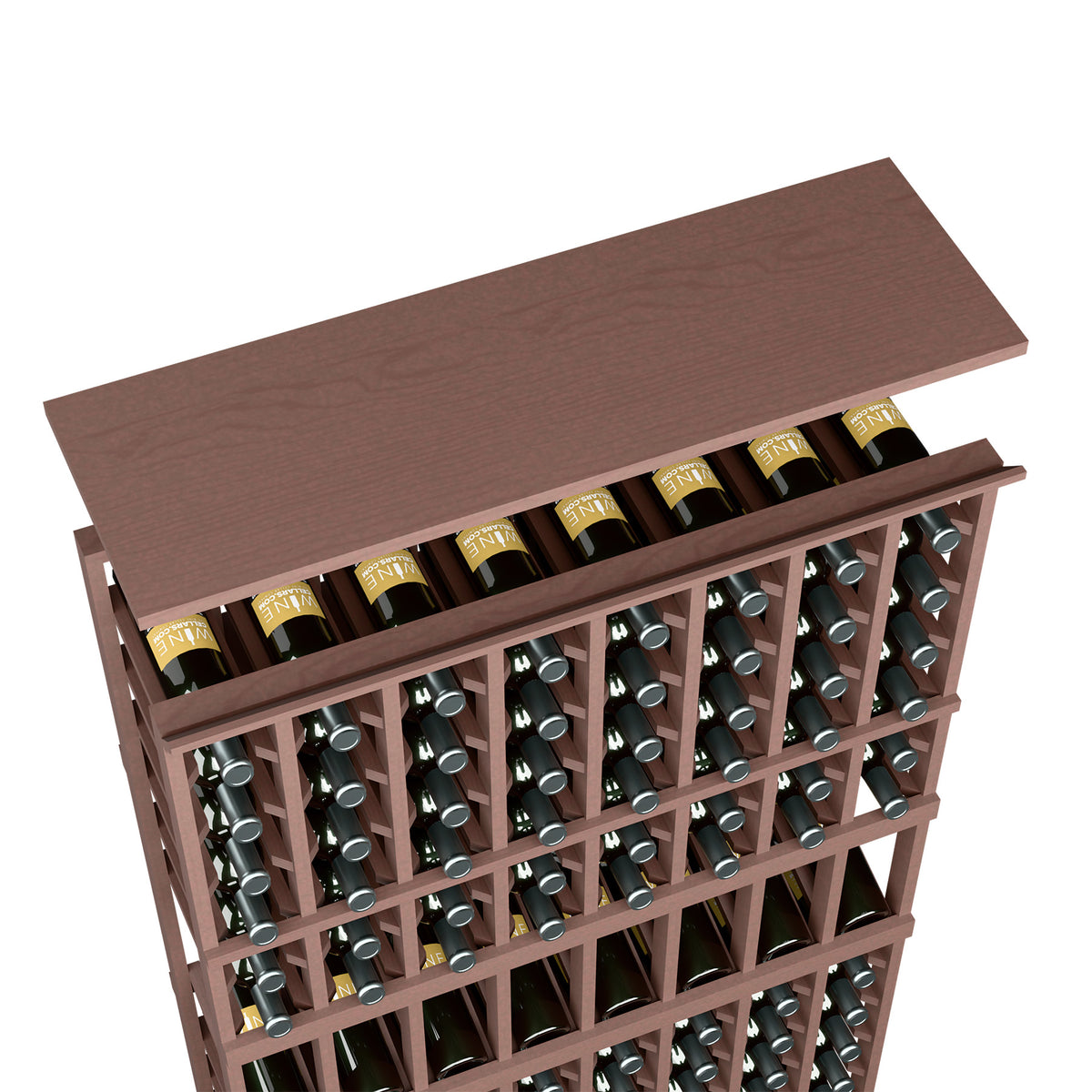 Wine rack top shelf in dark brown wood with bottles arranged in an 8-column rack