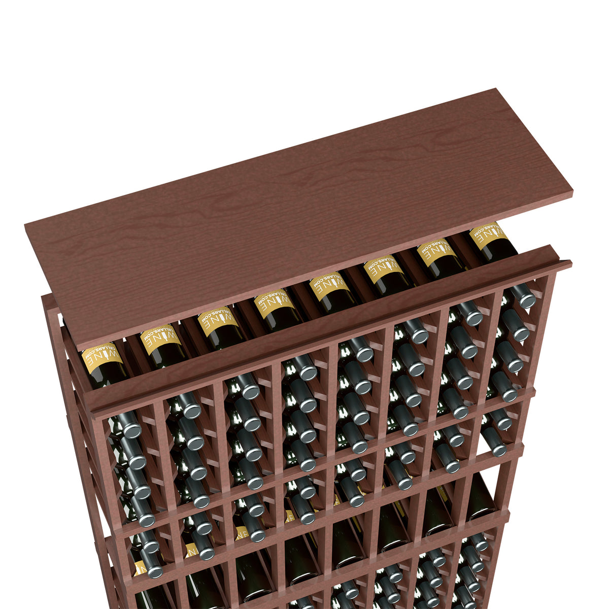 Wine rack top shelf in dark brown wood, showing bottle rows in an 8-column grid