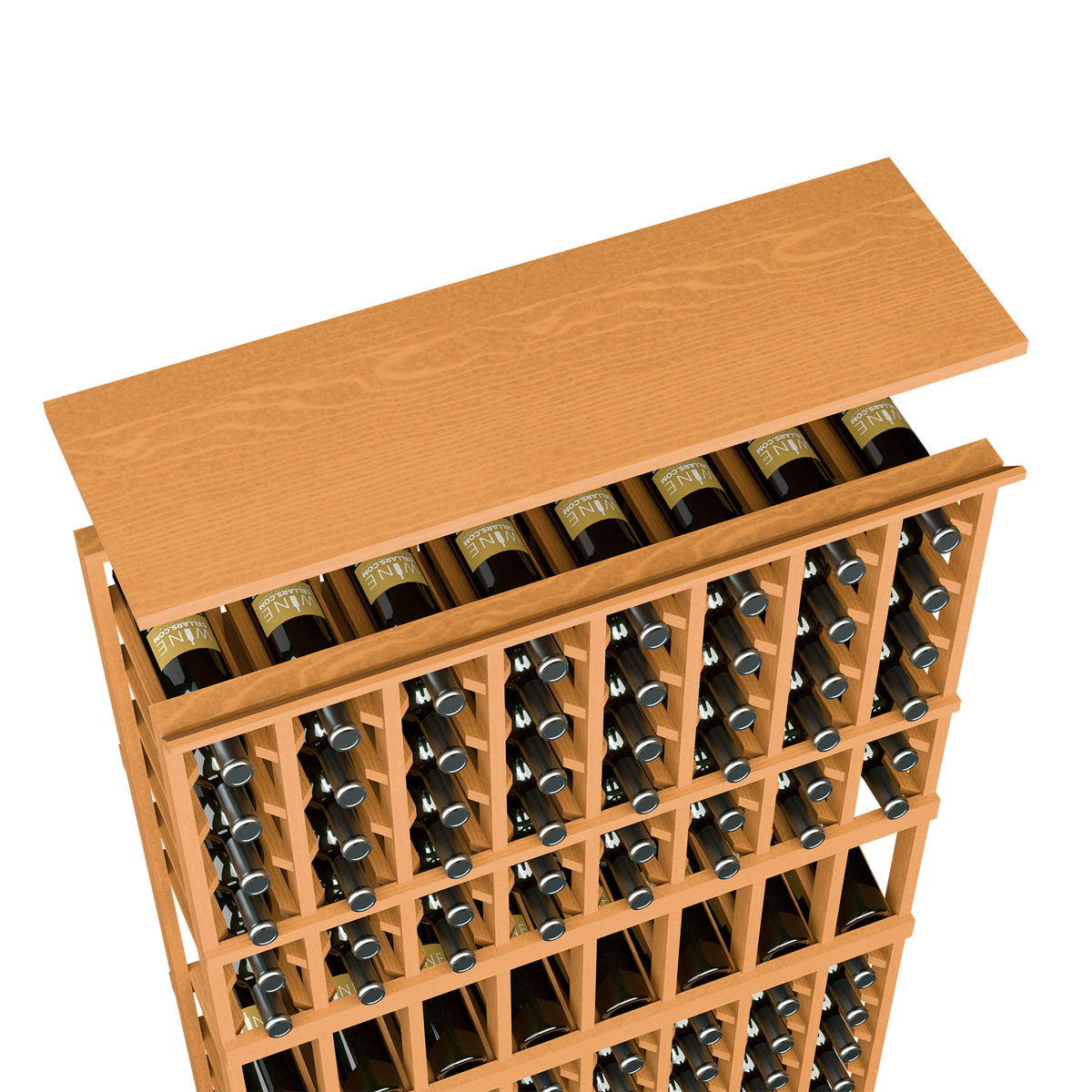 Wine rack top shelf in warm orange wood with wine bottles in an 8-column grid