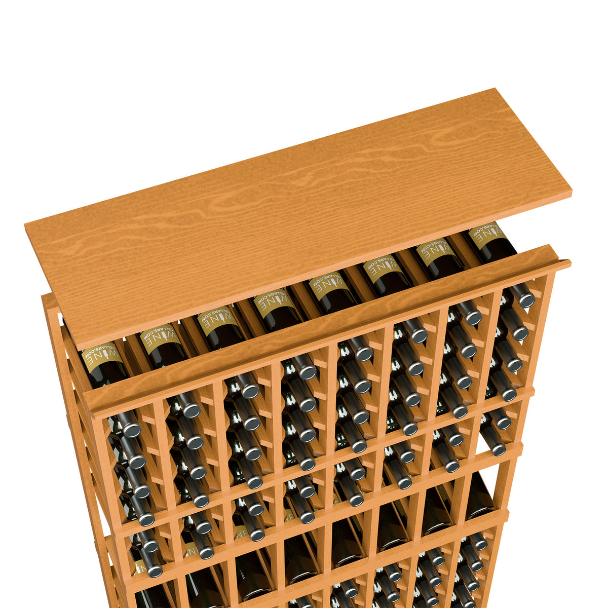 Wine rack top shelf in warm orange wood, 8-column bottle holders with bottles