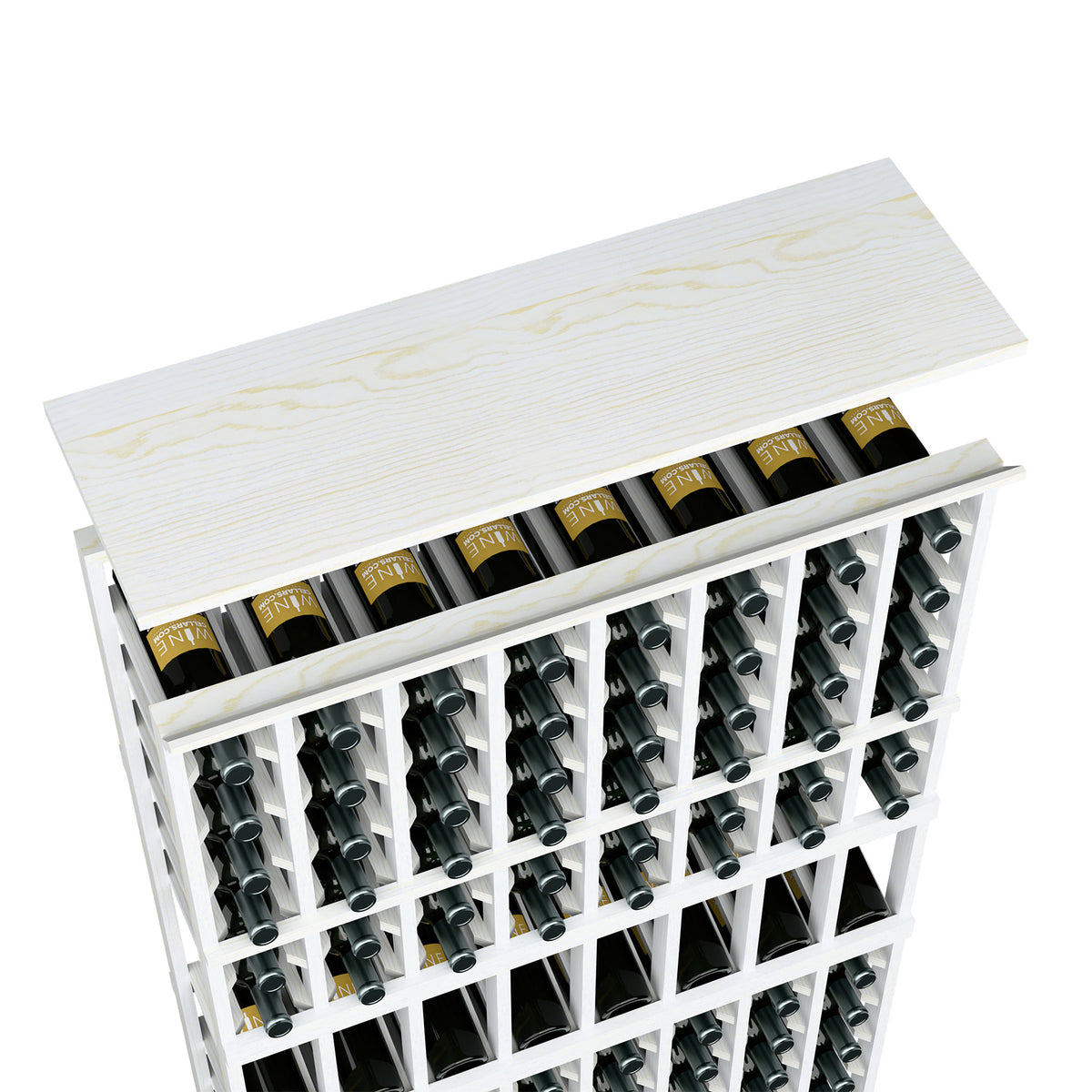 Wine rack top shelf in white washed wood with wine bottles in an 8-column grid
