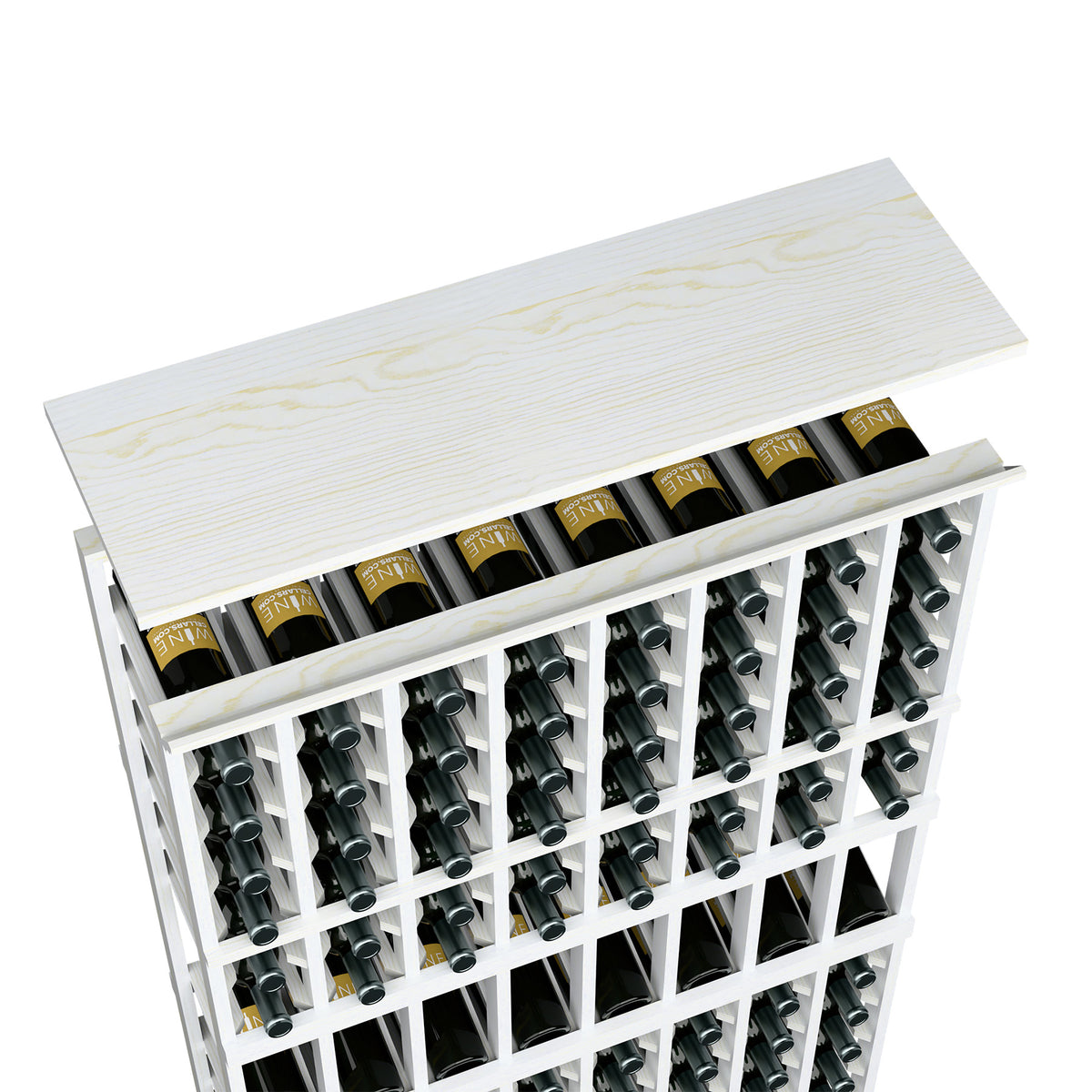Wine rack top shelf in white washed wood showing bottles across the 8-column rack