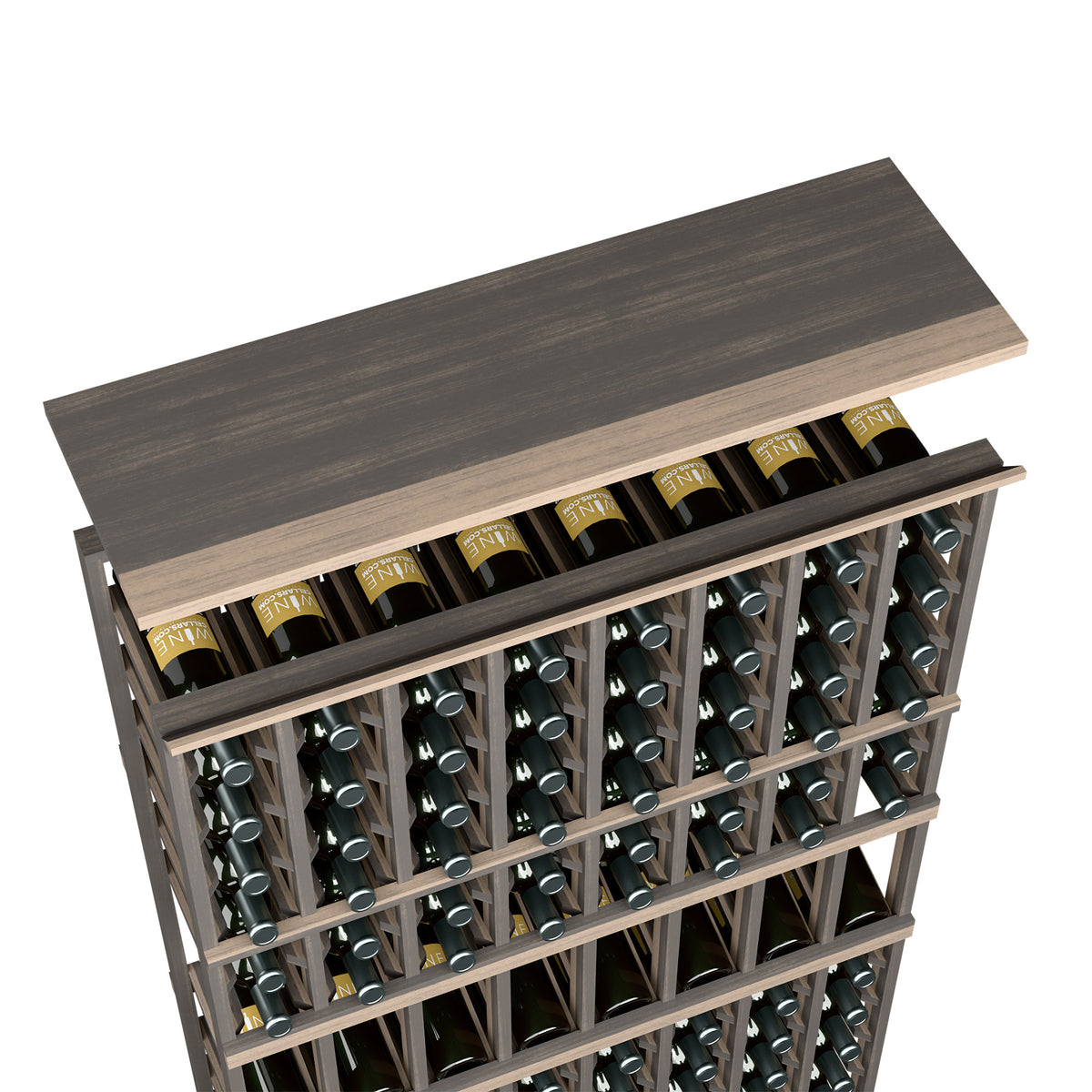 Dark wood top shelf for 8-column wine rack with bottle storage slots
