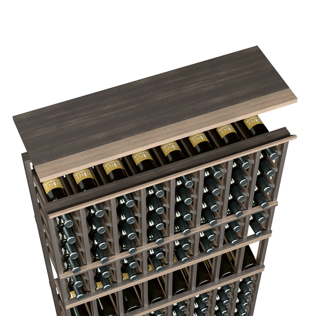 Dark brown top shelf wine rack board above bottle display rows