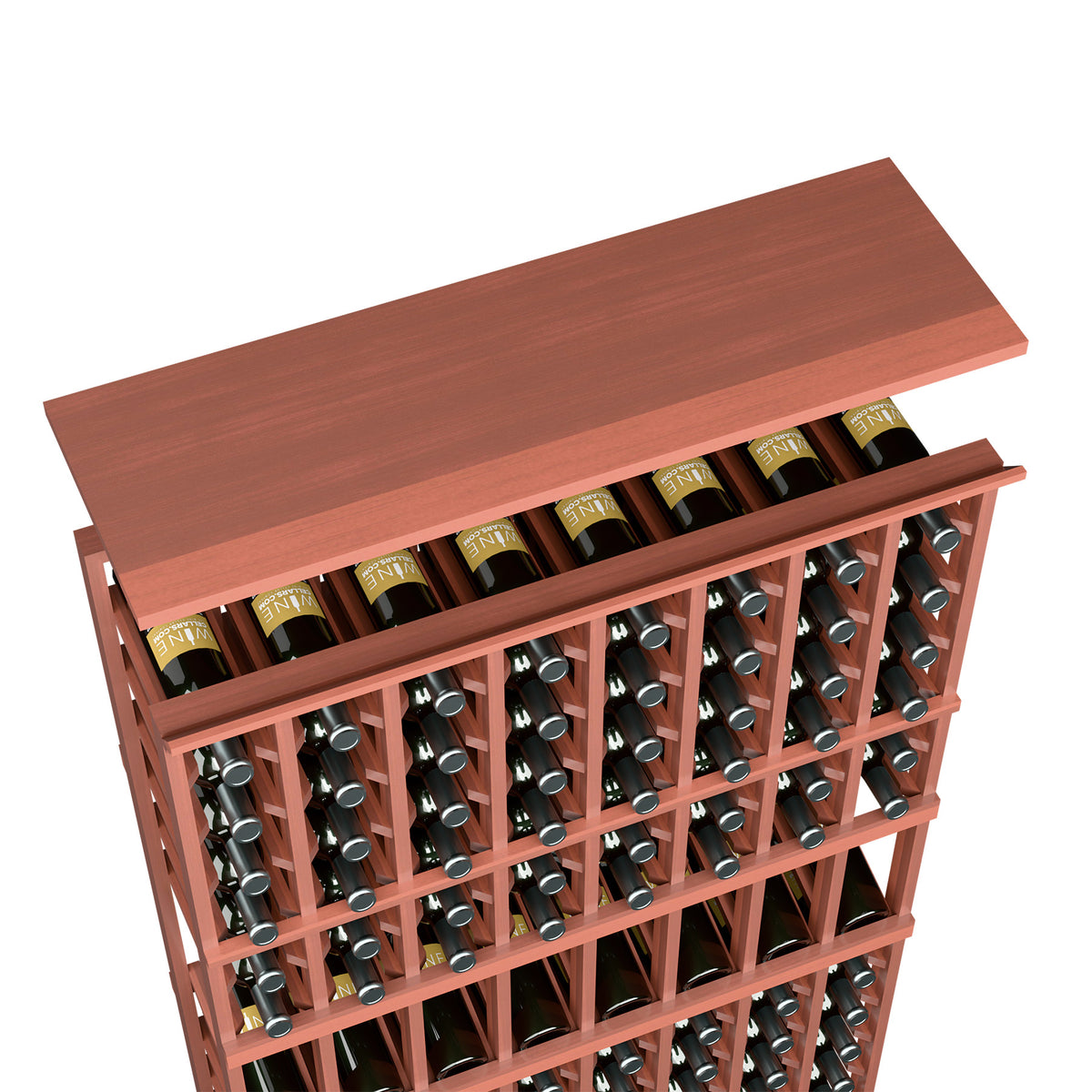 Red wood top shelf wine rack with organized bottle rows