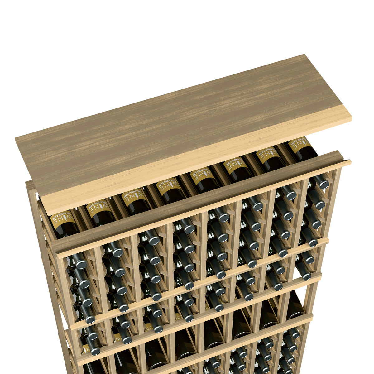 Light grey wood top shelf for 8-column wine rack with bottle storage