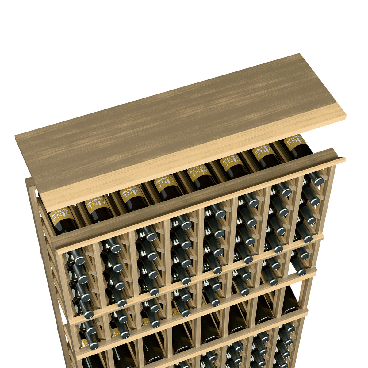 Warm light wood top shelf for 8-column wine rack with bottle rows