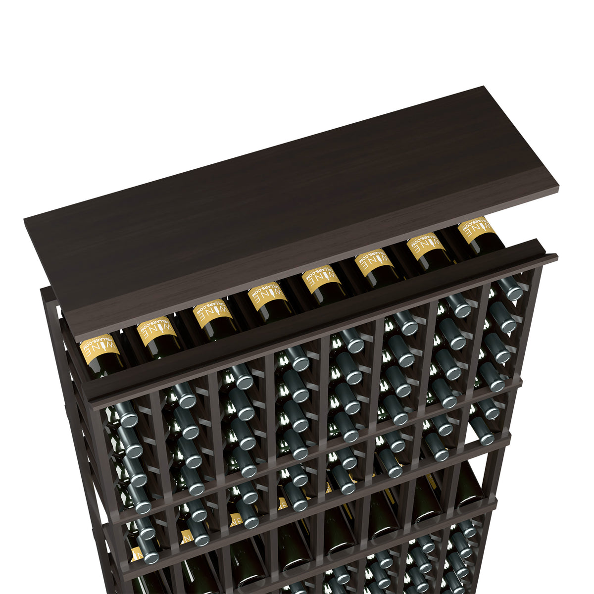 Dark wood top shelf for 8-column wine rack with organized wine bottle rows
