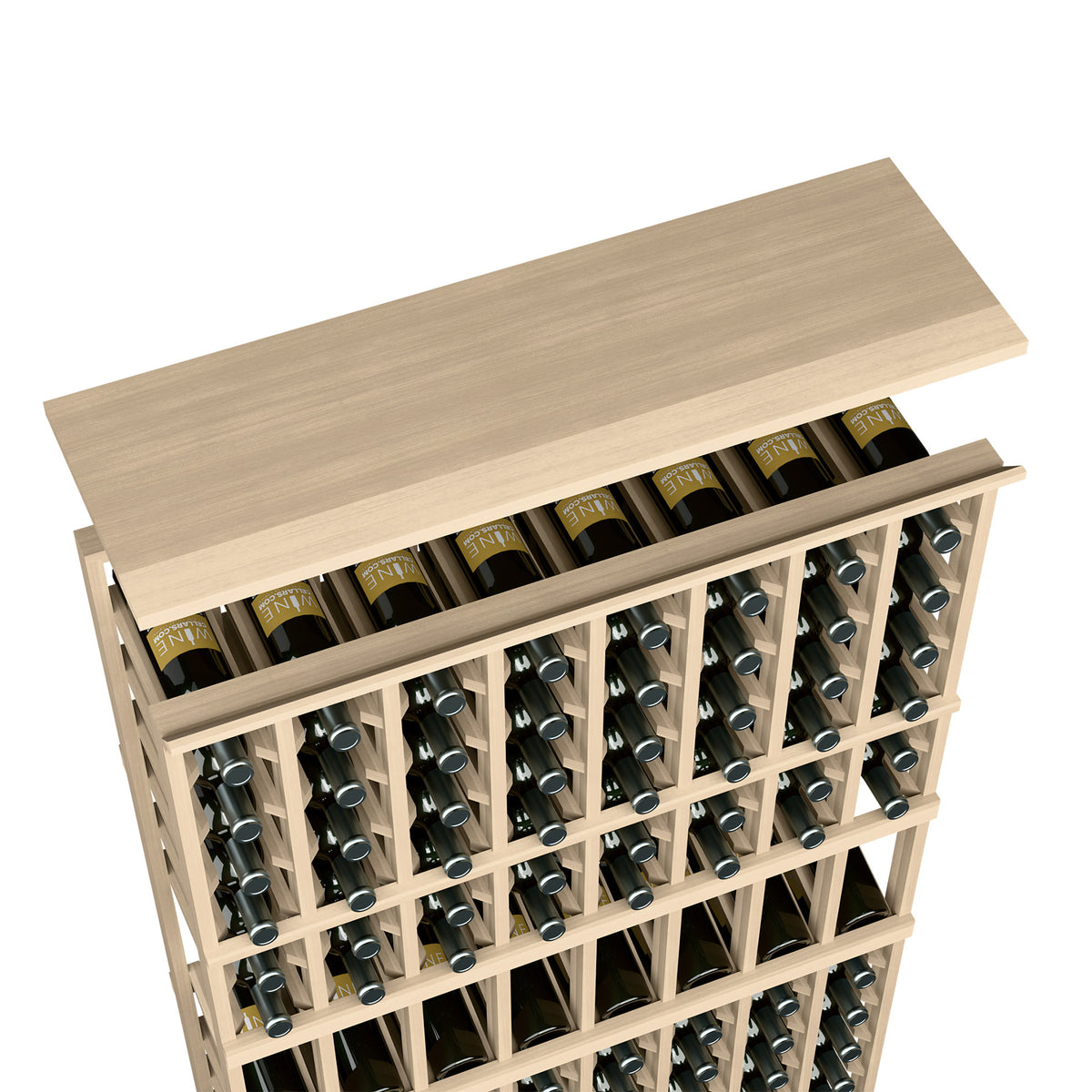 Light wood wine rack top shelf with open rows of bottle slots