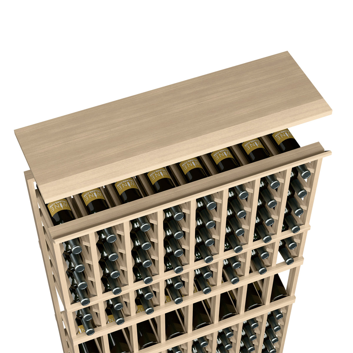 Light wood wine rack top shelf showing rows of bottle openings