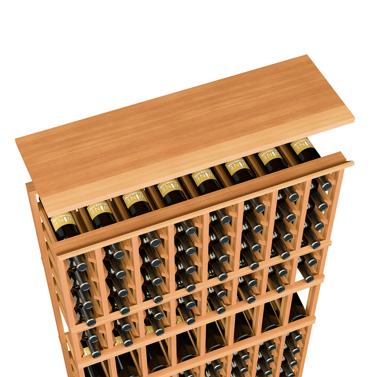 Honey-toned wooden wine rack top shelf with bottle slot grid