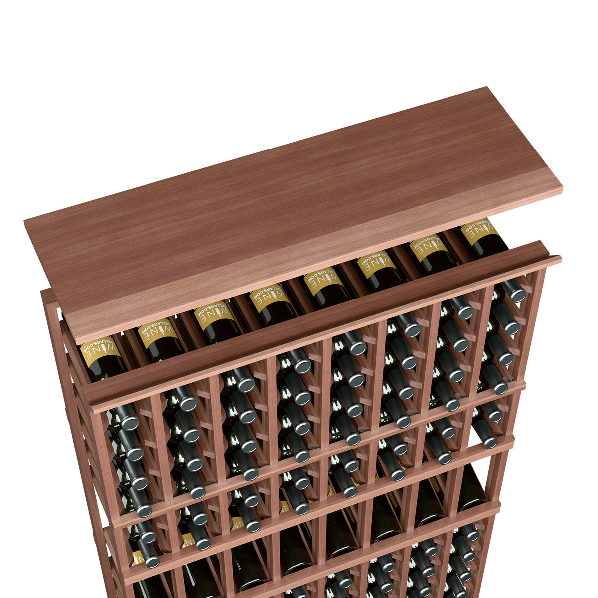 Rich dark wooden wine rack top shelf with bottle slots and dividers