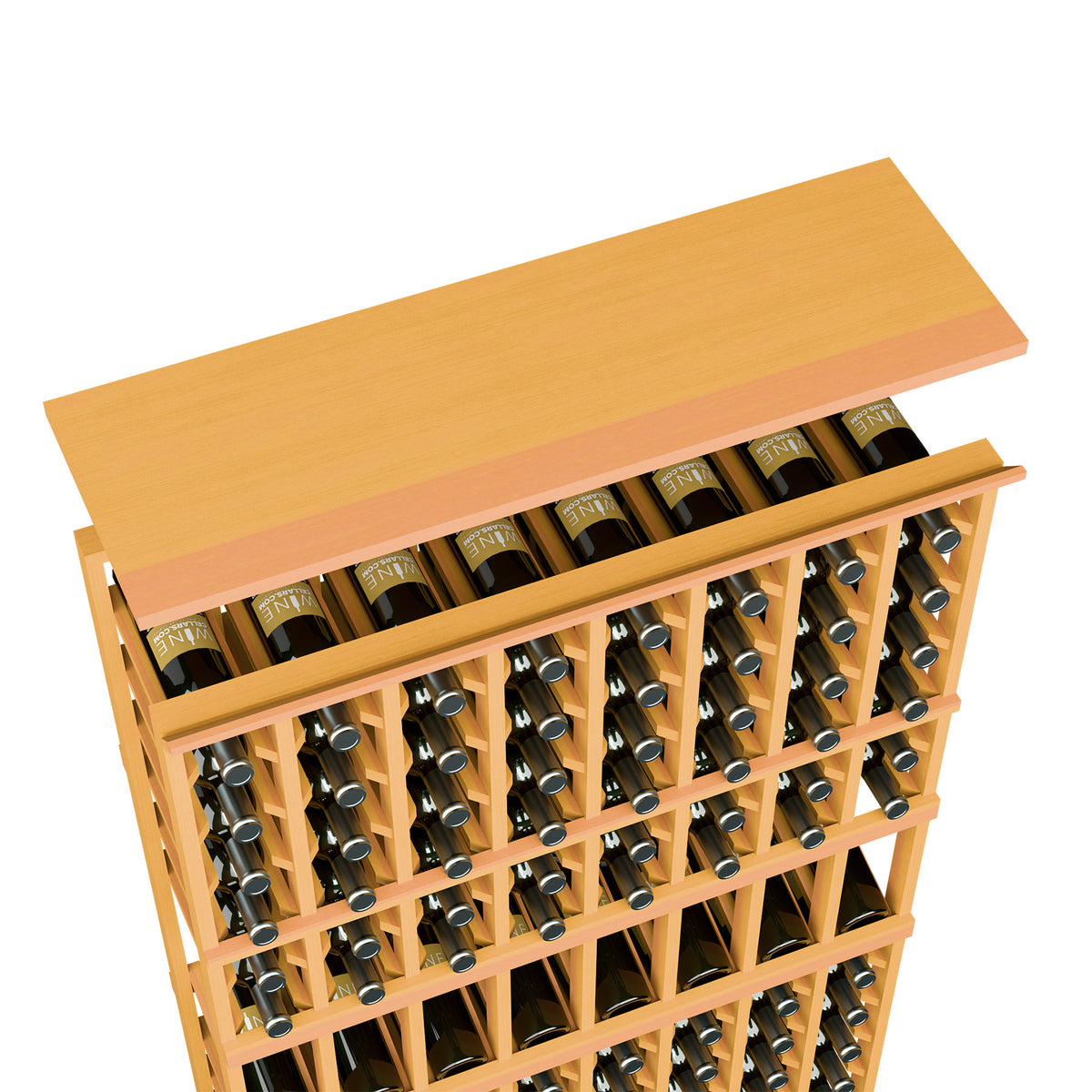 Golden wood wine rack top shelf with neatly spaced bottle openings