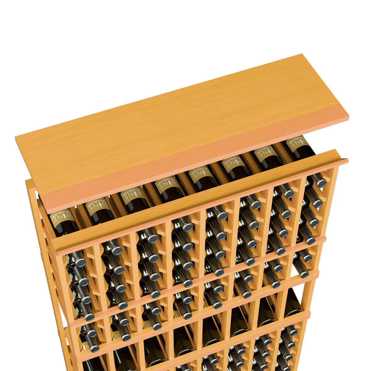 Light amber wood wine rack top shelf with bottle slot grid