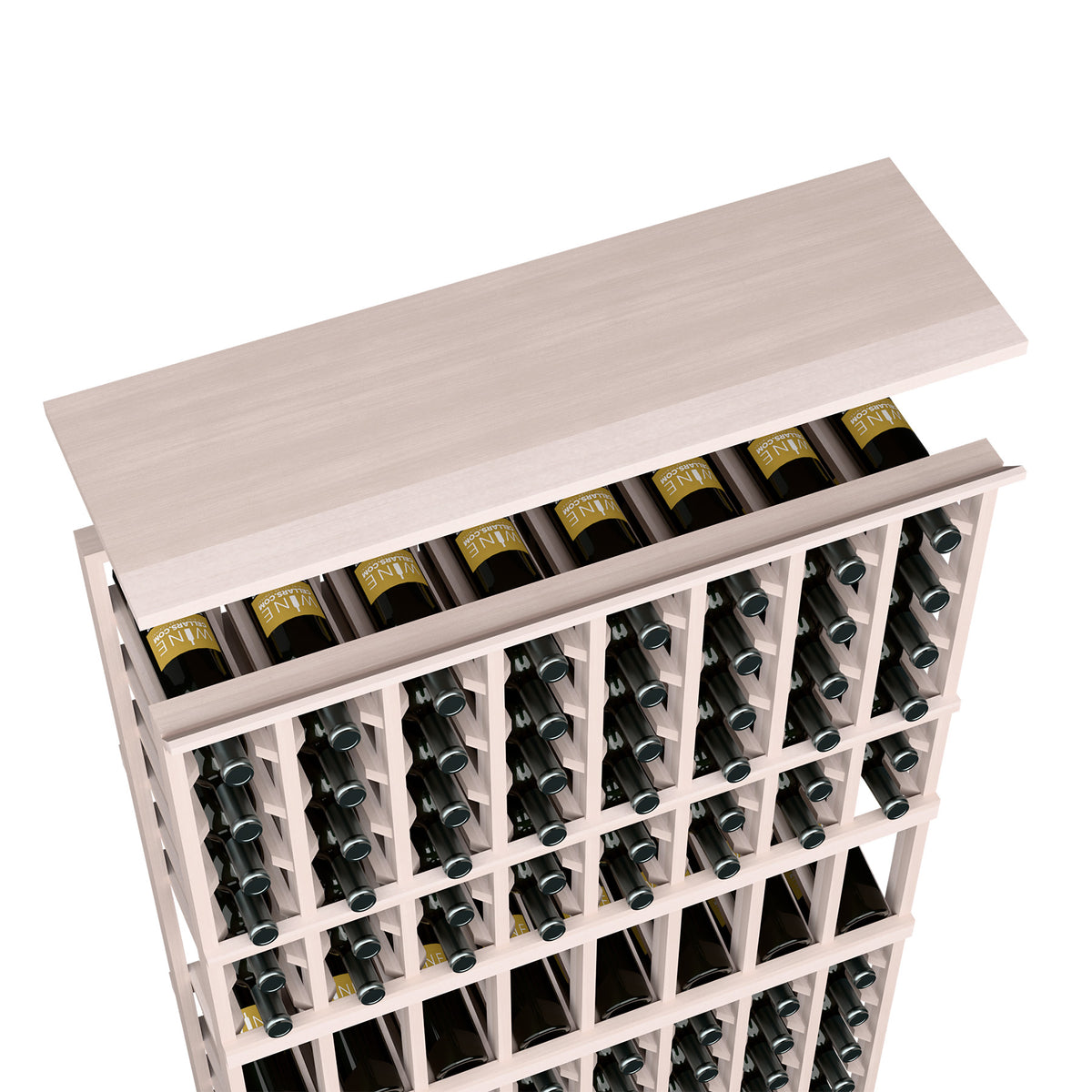 White-washed wood wine rack top shelf with bottle rows and dividers
