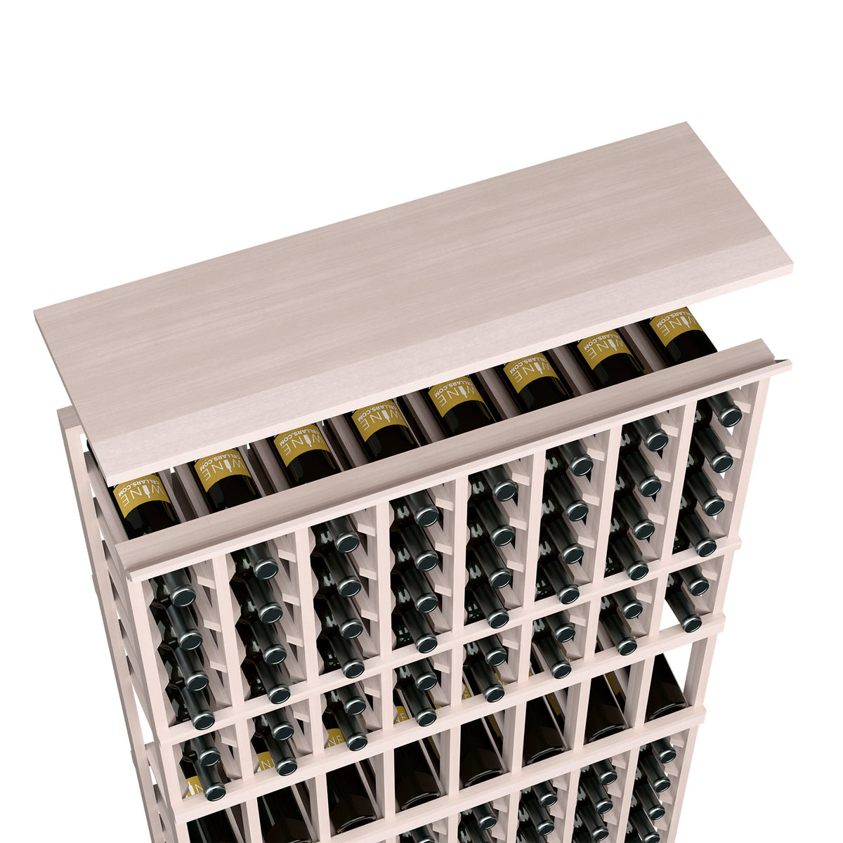 White-washed wooden wine rack top shelf with open bottle slots