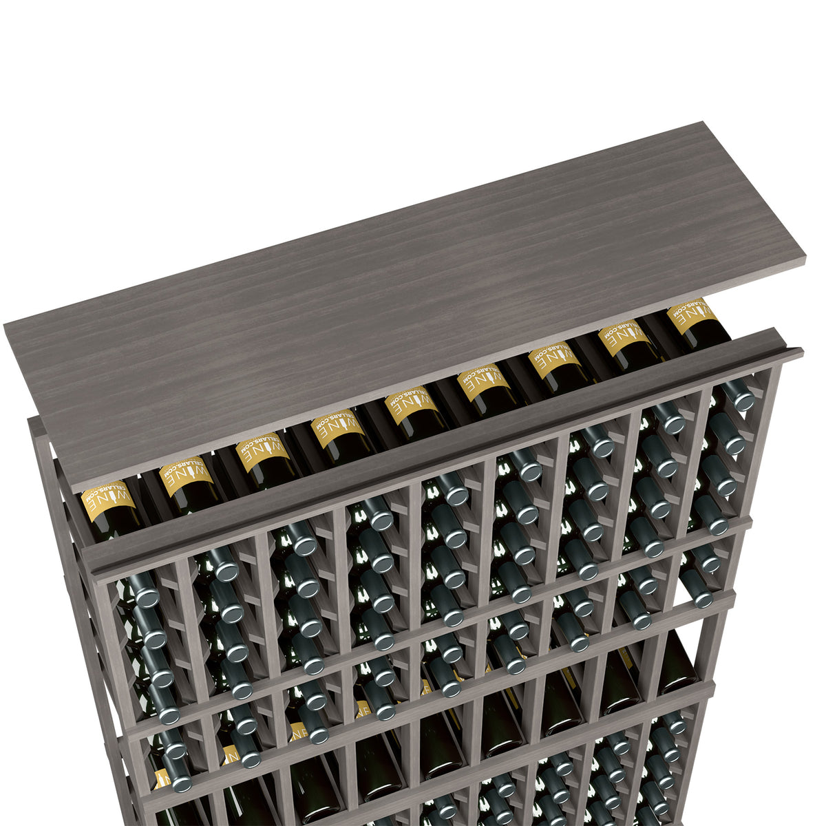 Dark grey wine rack top shelf with bottle slots, gray frame and cross-grid panels