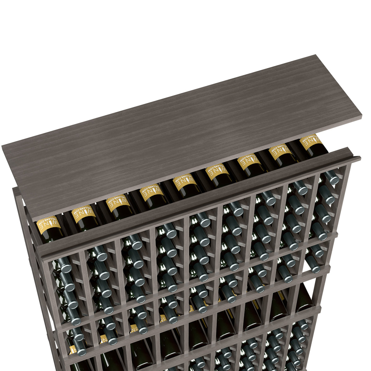 Dark grey wine rack top shelf with wine bottle openings, gray frame and grid dividers