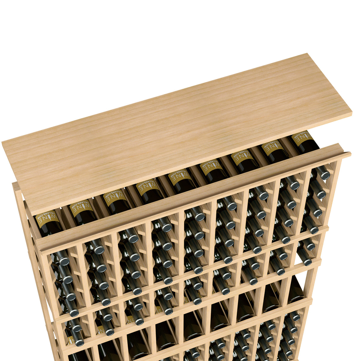 Natural light wood wine rack top shelf with bottle openings, pale frame and grid rows