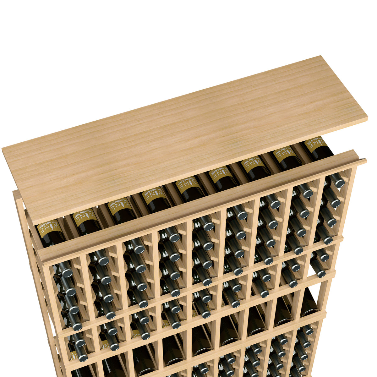 Light wood wine rack top shelf with wine bottle slots, pale frame grid and bottle necks