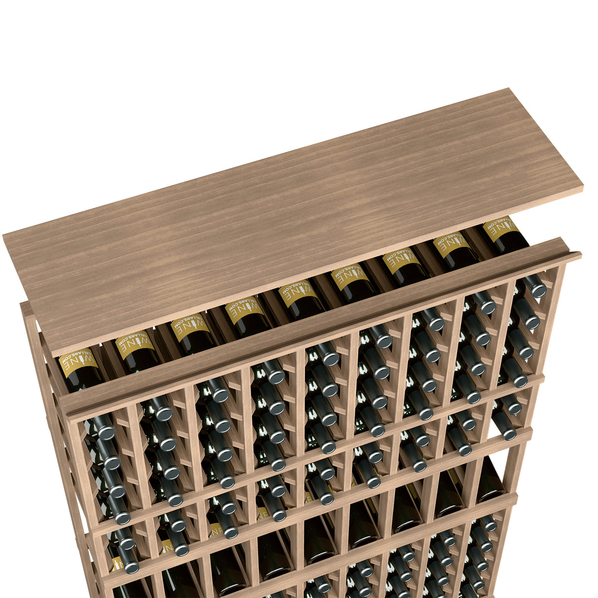 Espresso grey wine rack top shelf with bottle openings, light grey frame and row dividers