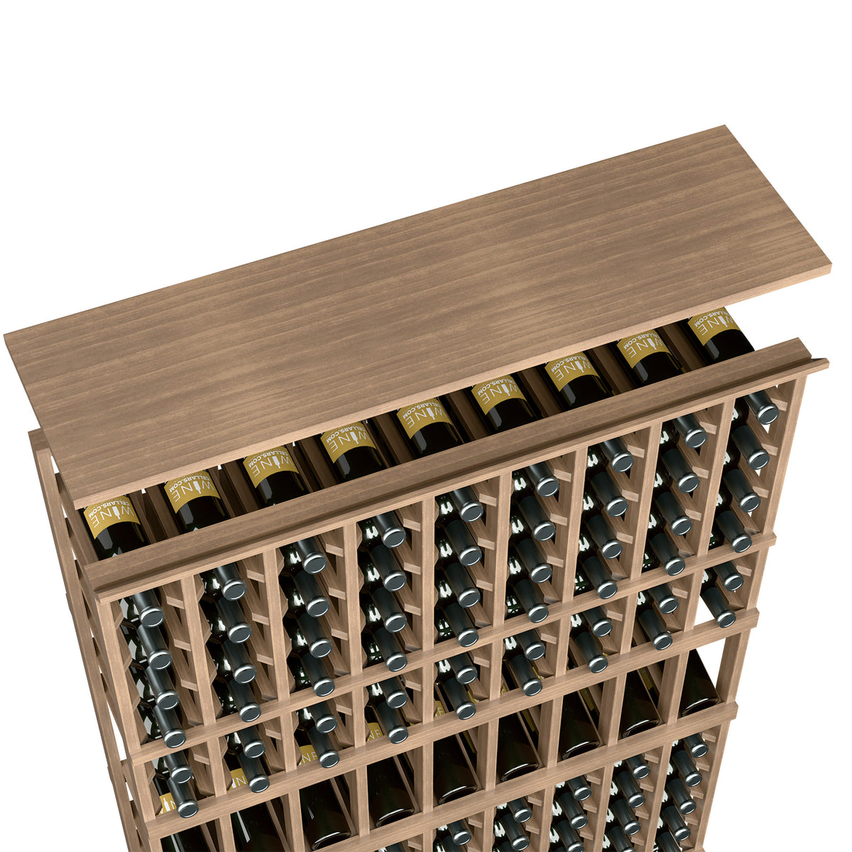 Medium brown wine rack top shelf with bottle slots, brown frame and grid compartments
