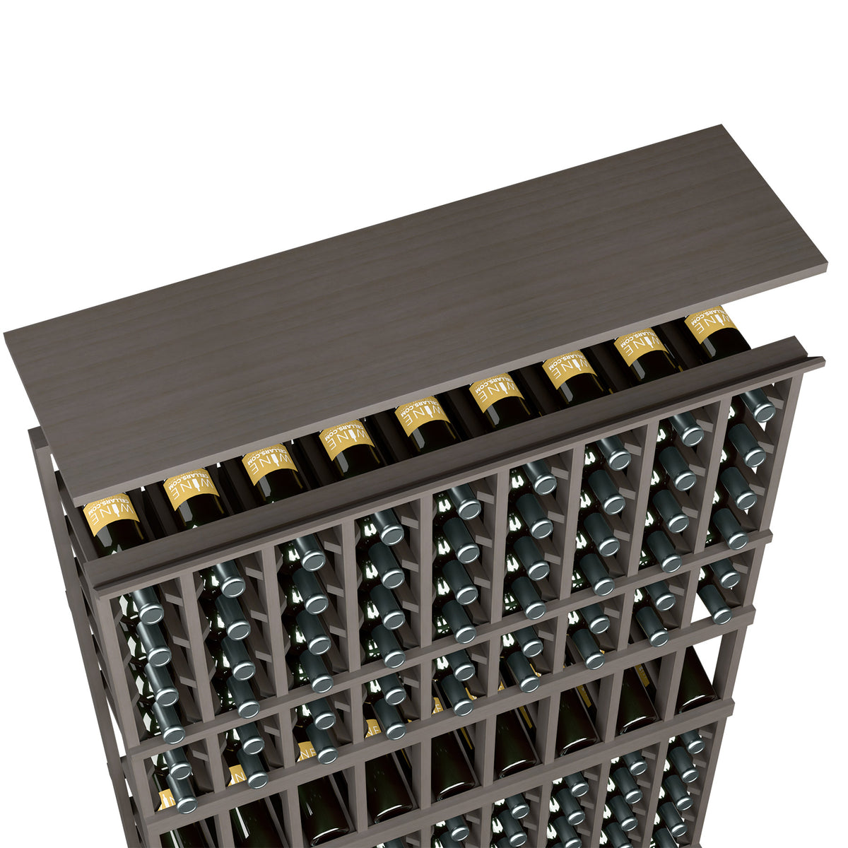 Dark grey wine rack top shelf with wine bottle openings, gray frame grid and bottle slots