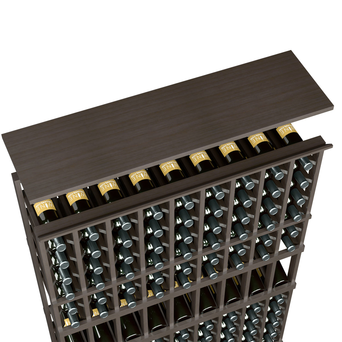 Dark grey wine rack top shelf with bottle openings, gray frame and cross-grid panels