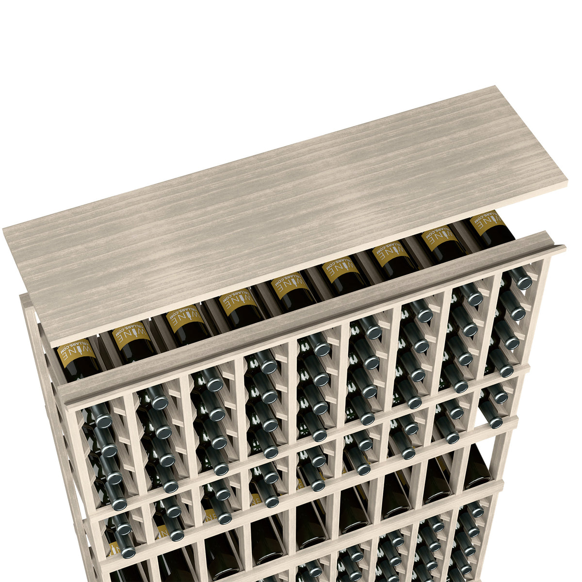 Wine rack top shelf with bottle slots, light gray wood frame and wine bottles