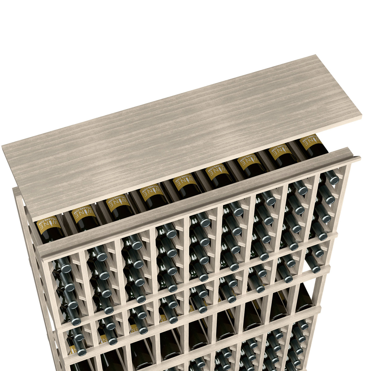 Wine rack top shelf with bottle slots, light gray wood panel and row of bottles