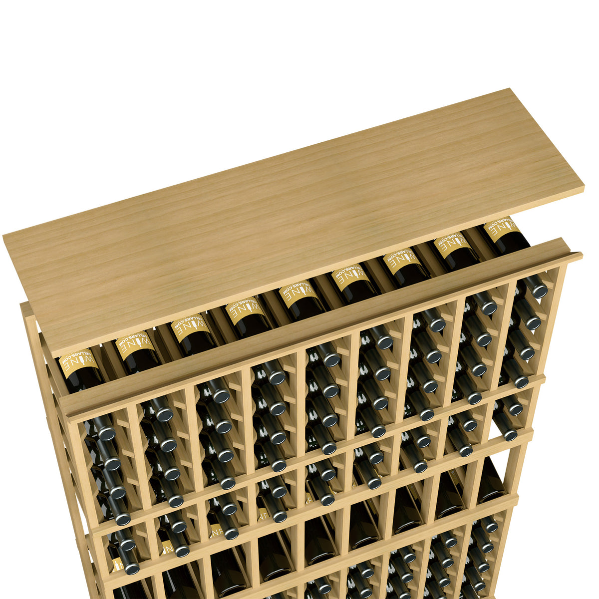 Wine rack top shelf with bottle slots, light wood frame and wine bottle rows
