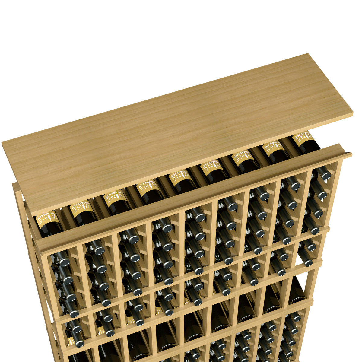 Wine rack top shelf with bottle slots, natural wood panel and bottle storage grid
