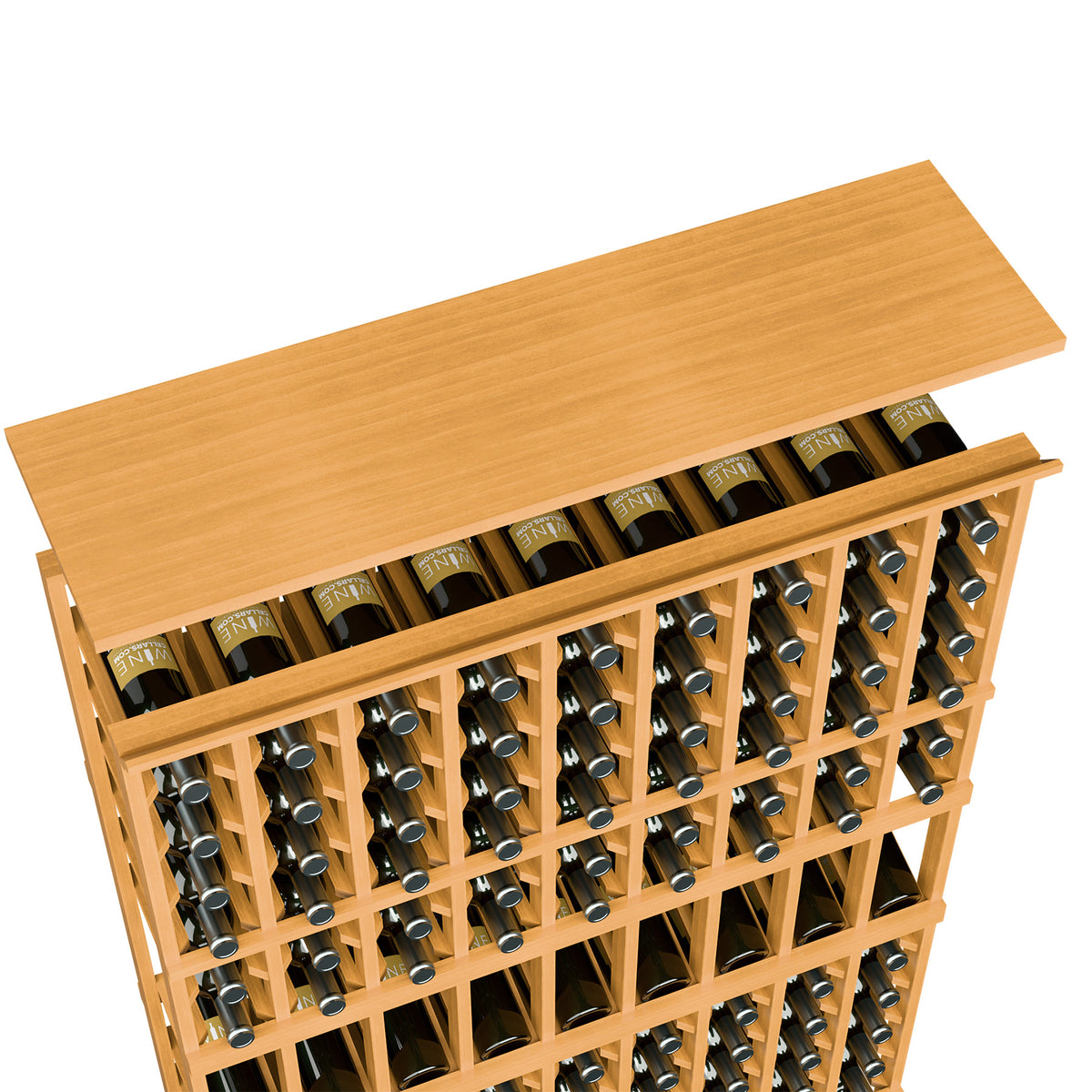 Natural wood wine rack top shelf with 9-column bottle slots