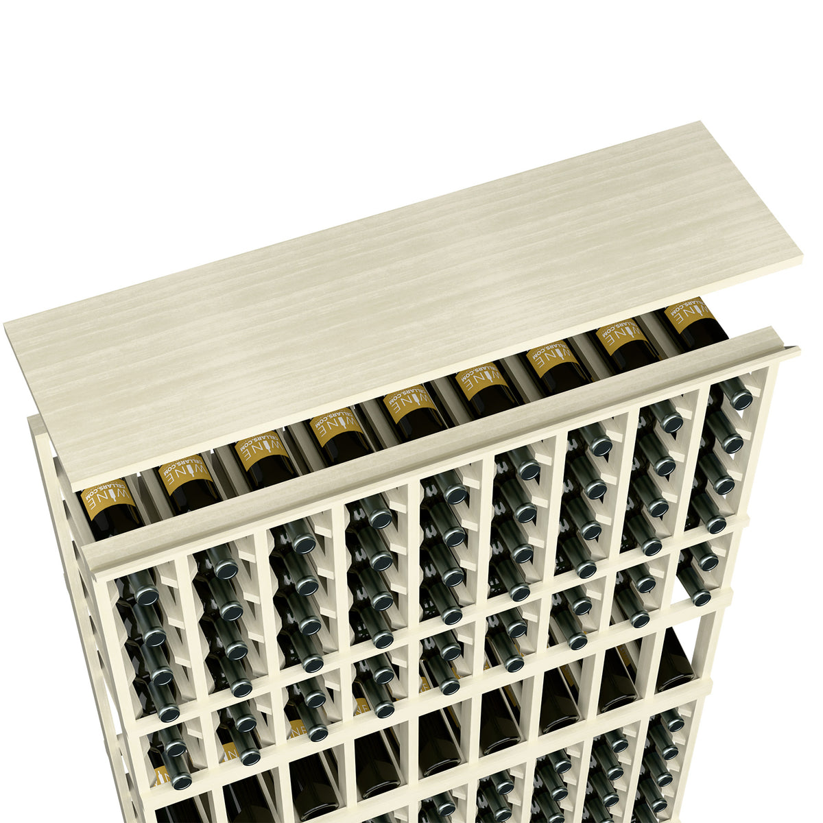 Natural light wood 9-column wine rack with top shelf and bottle compartments