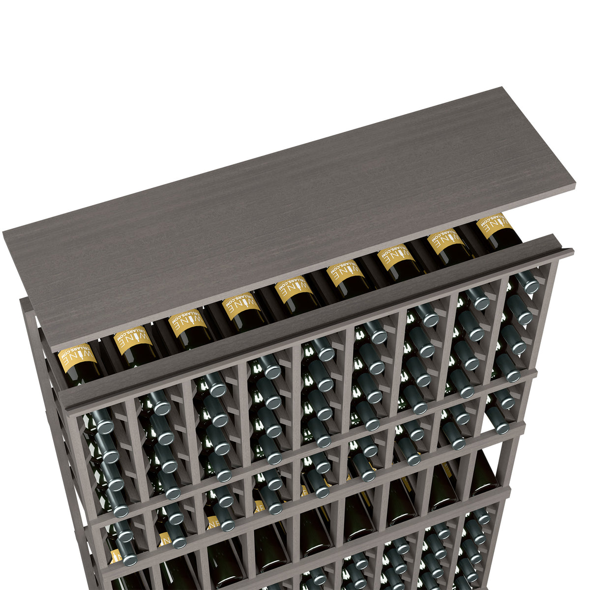 Grey-stained 9-column wine rack with top shelf and wine bottle compartments