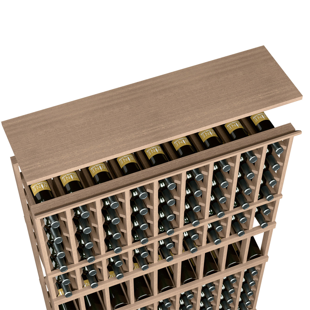 Medium brown 9-column wine rack with top shelf and bottle storage grid