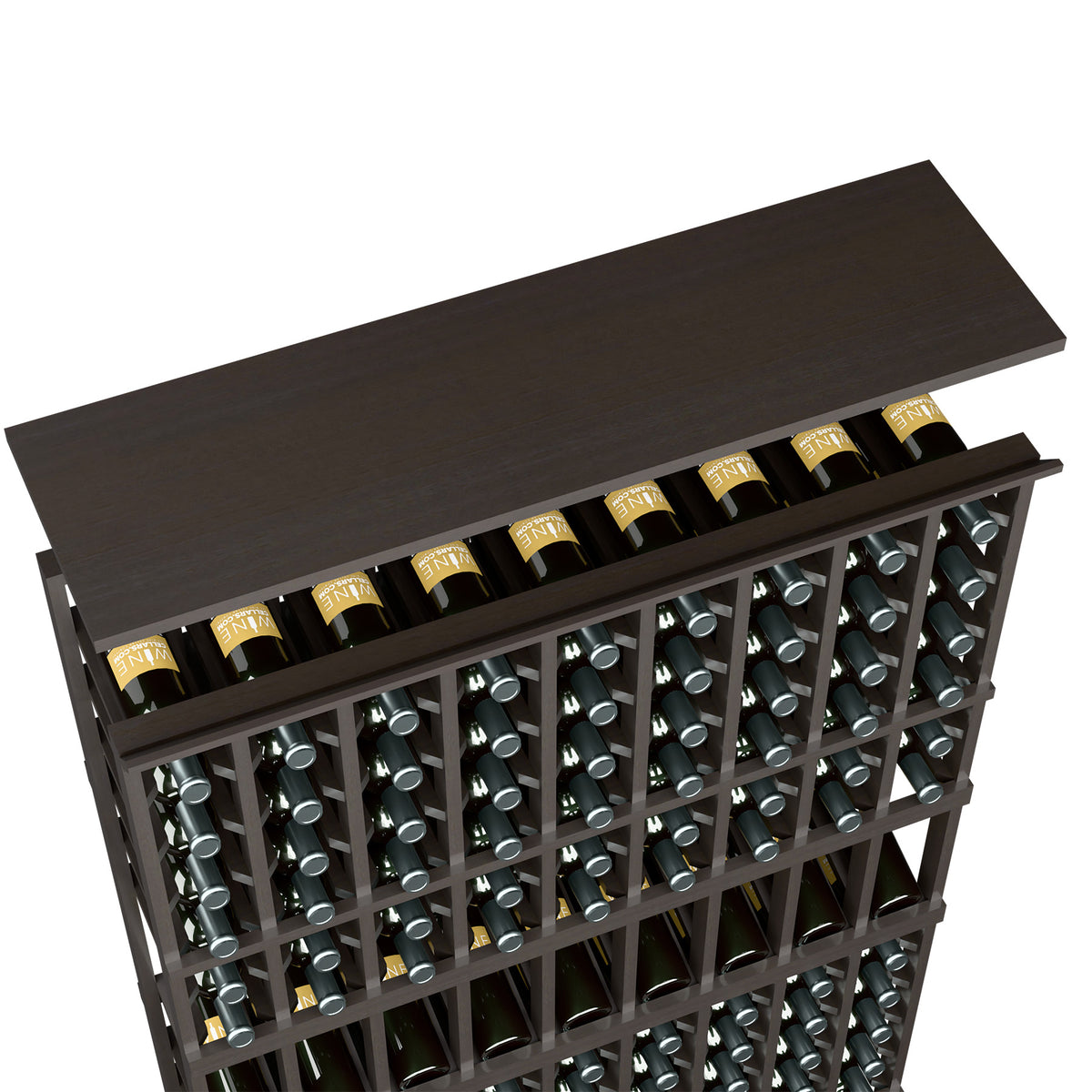 Dark brown 9-column wine rack with solid top shelf and bottle slots