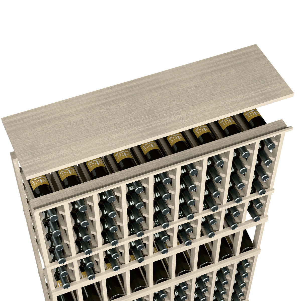 Light grey 9-column wine rack with solid top shelf and bottle slots