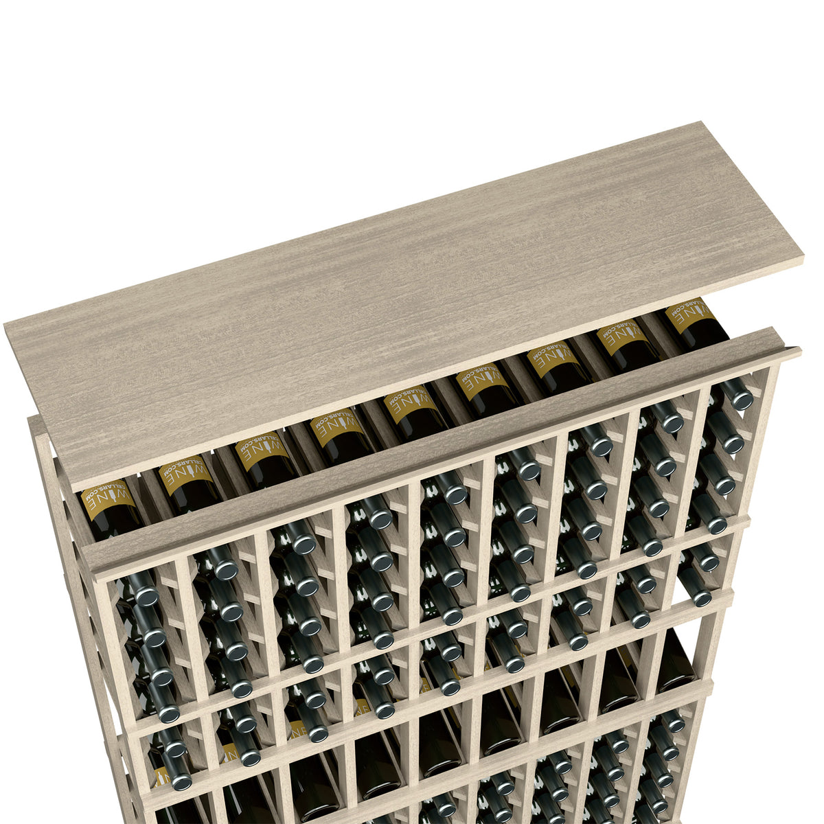 Grey 9-column wine rack with solid top shelf and bottle slots